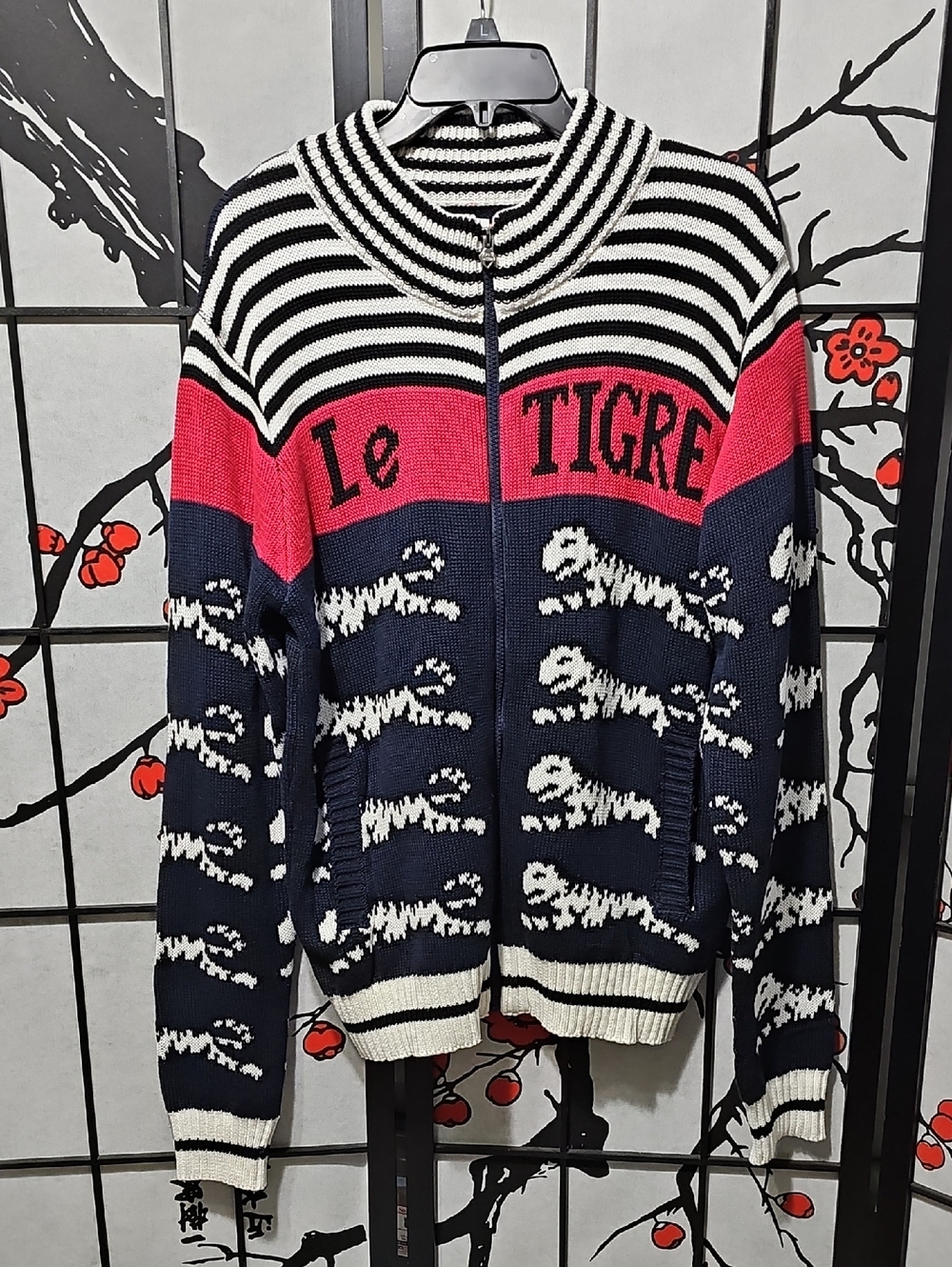 Le Tigre Navy Red and White Zip-Up Knit Sweater with Tiger Motif Large New - Picture 3 of 10